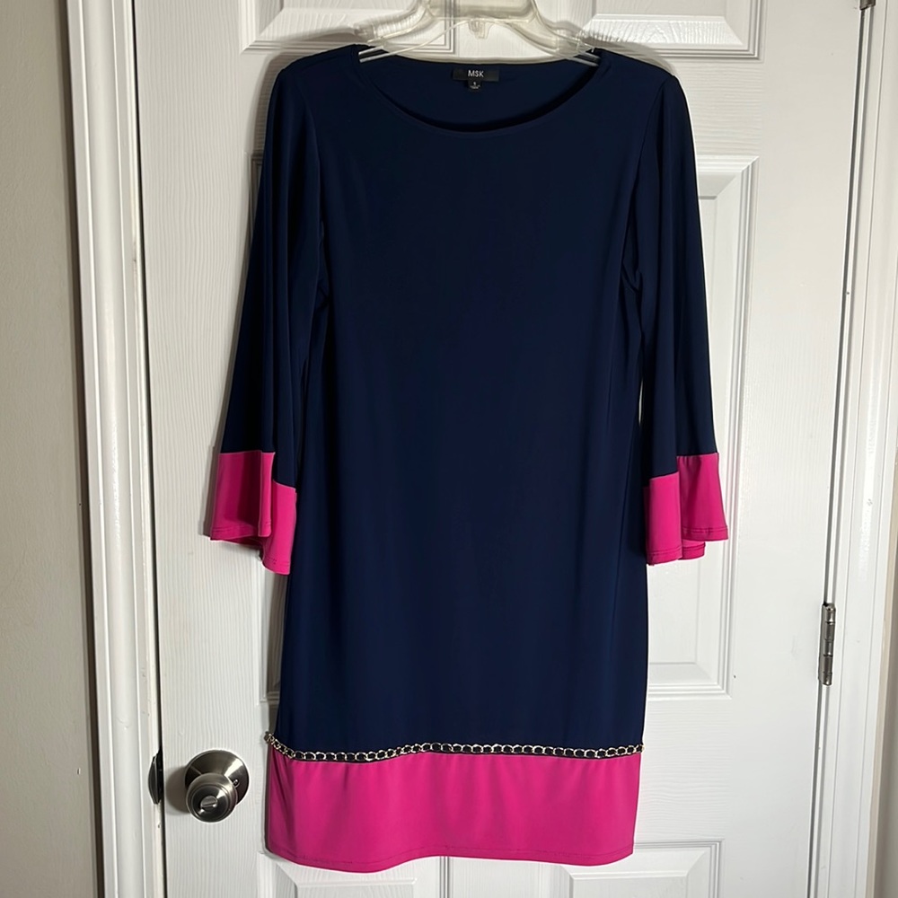 MSK: Casual Navy Dress; Wide Sleeves, Gold Chain-Stitched, Sm